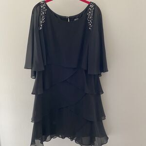 SLNY Black Chiffon Tiered Beaded Chiffon Dress Flutter Sleeve Scoop Neck 12